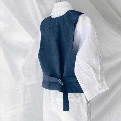 Navy blue linen suit with vest, pants, shirt, suspenders and bow tie plus optional jacket, embroidery, shoes and cap
