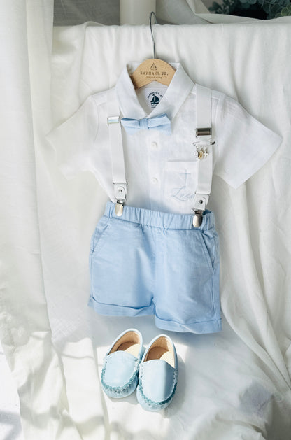 Boys pale blue shorts with linen shirt, blue suspenders and bow tie outfit plus optional extras