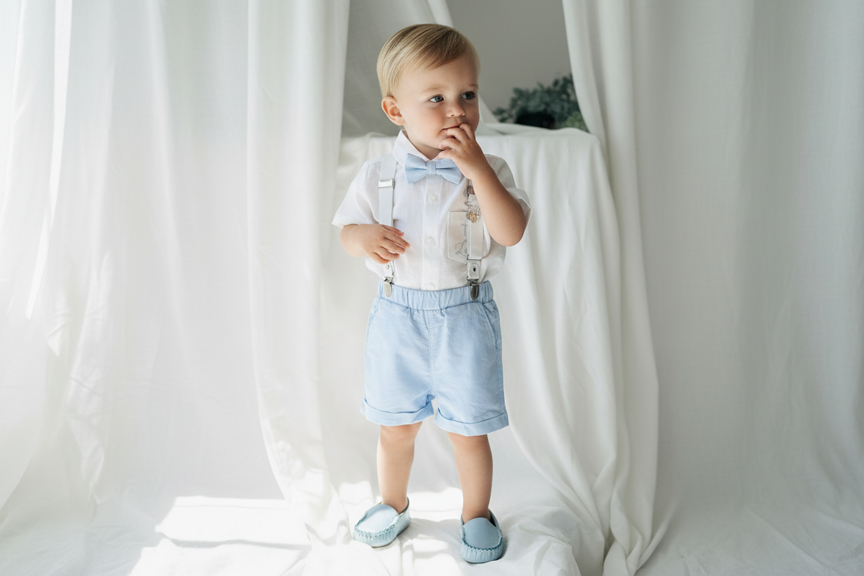 Boys pale blue shorts with linen shirt, blue suspenders and bow tie outfit plus optional extras