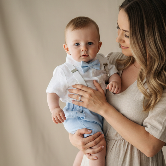 Boys pale blue shorts with linen shirt, blue suspenders and bow tie outfit plus optional extras