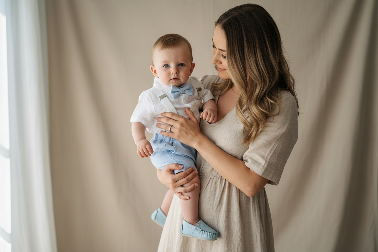 Boys pale blue shorts with linen shirt, blue suspenders and bow tie outfit plus optional extras