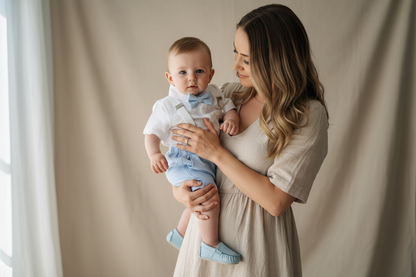 Boys pale blue shorts with linen shirt, blue suspenders and bow tie outfit plus optional extras