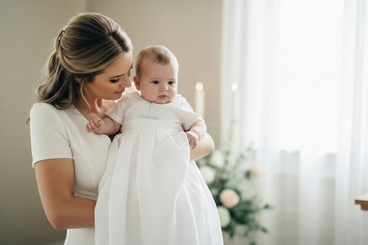 White Linen Baptism Gown romper with detachable skirt dress and optional embroidery