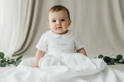 White Linen Unisex Baptism Gown romper with detachable skirt dress and optional embroidery