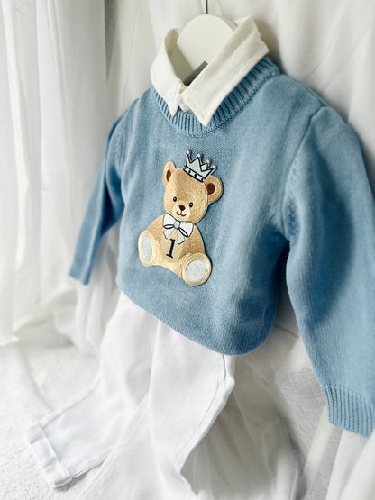 Pale blue teddy or hot air balloon jumper knit