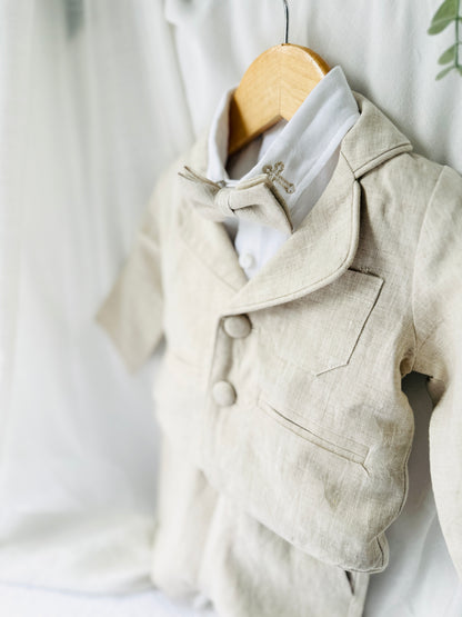 Beige Linen full length suit with pants, shirt, jacket and accessories