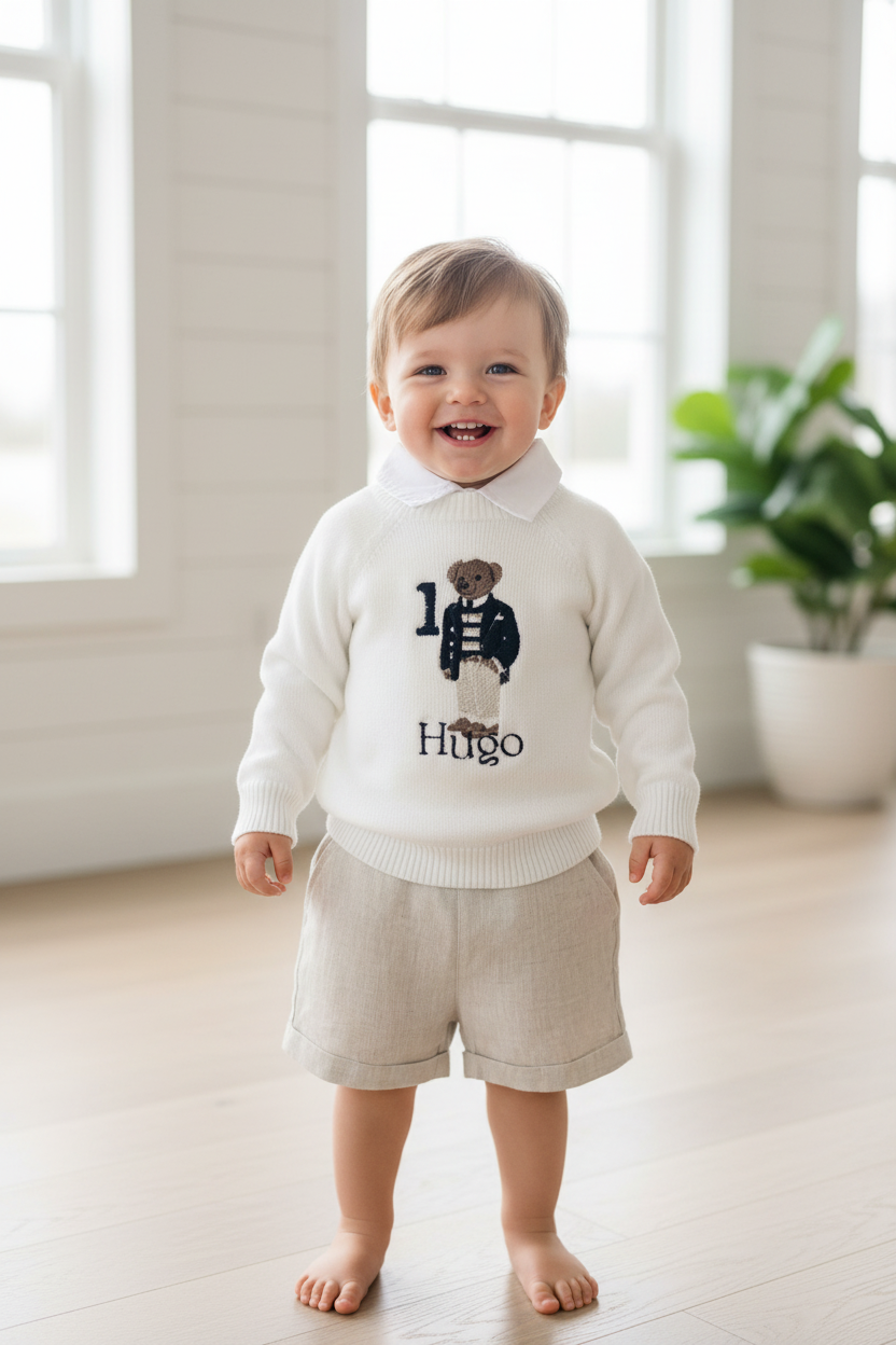 Warm white cotton sweater with optional first birthday embroidery