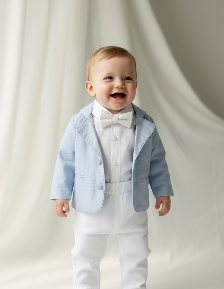 Baby wearing a light blue blazer and white linen Baptism outfit against a plain background
