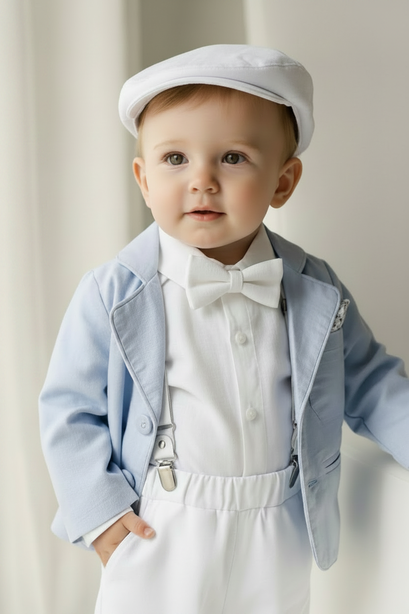 Boys Pale Blue chambray Jacket and White Linen Baptism Outfit