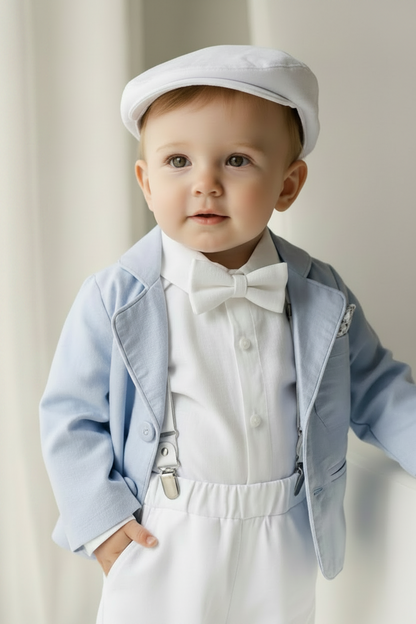 Boys Pale Blue chambray Jacket and White Linen Baptism Outfit