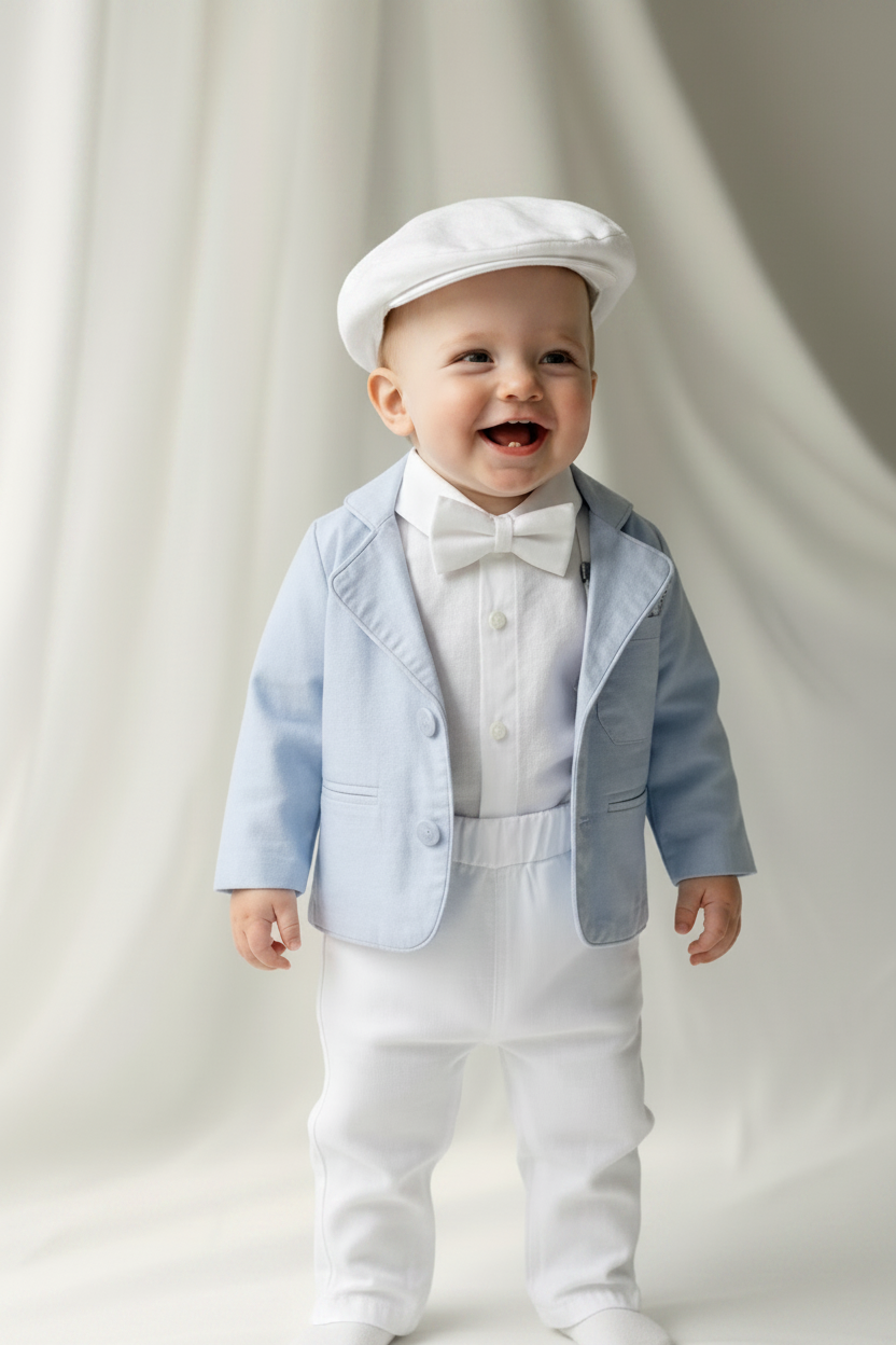 Boys Pale Blue chambray Jacket and White Linen Baptism Outfit