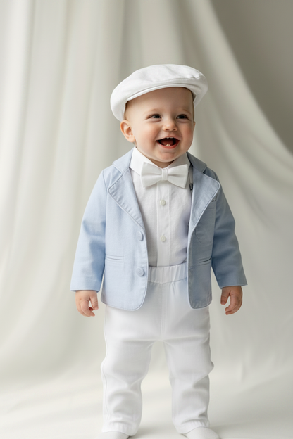 Boys Pale Blue chambray Jacket and White Linen Baptism Outfit