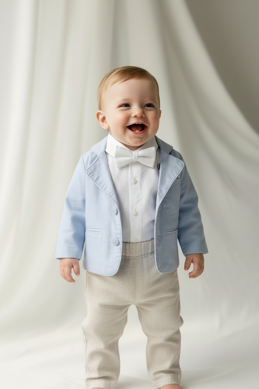 Boys Pale Blue chambray Jacket and beige Linen pants suit