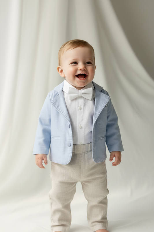Boys Pale Blue chambray Jacket and beige Linen pants suit