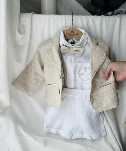 White and beige Summer linen outfit with suspender shorts, shirt, and bow tie plus optional jacket and embroidery