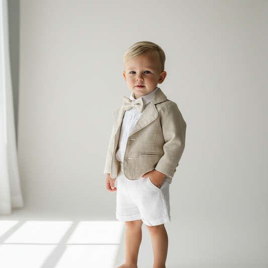 White and beige Summer linen outfit with suspender shorts, shirt, and bow tie plus optional jacket and embroidery