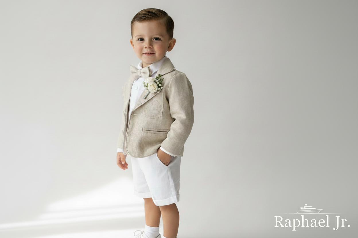 White and beige Summer linen outfit with suspender shorts, shirt, and bow tie plus optional jacket and embroidery