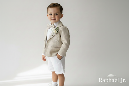 White and beige Summer linen outfit with suspender shorts, shirt, and bow tie plus optional jacket and embroidery