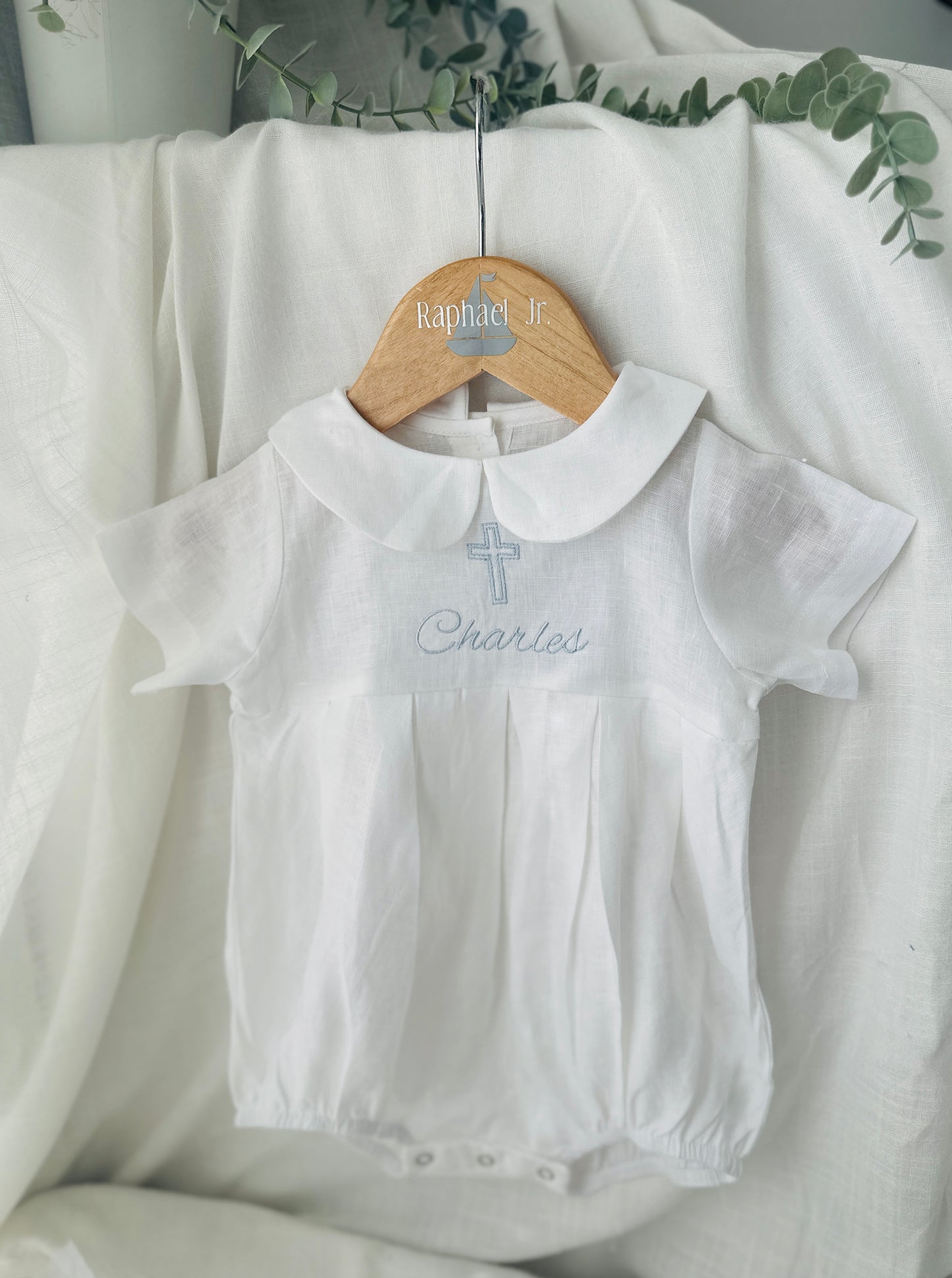 Linen Baptism peter pan collar romper outfit with optional embroidery customisation