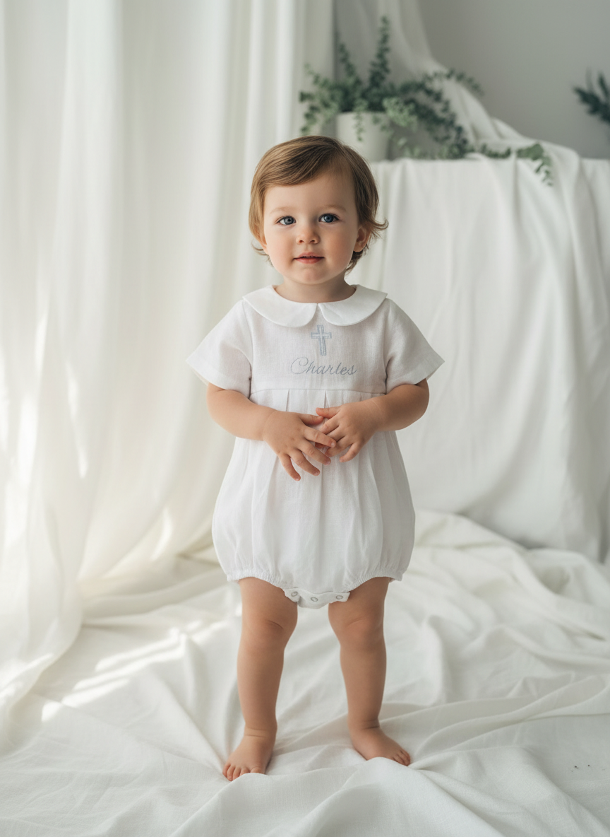 Linen Baptism peter pan collar romper outfit with optional embroidery customisation