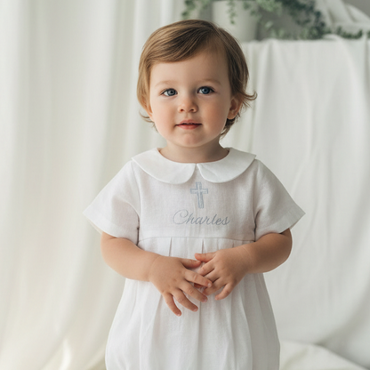 White Linen Unisex Baptism Gown romper with detachable skirt dress and optional embroidery