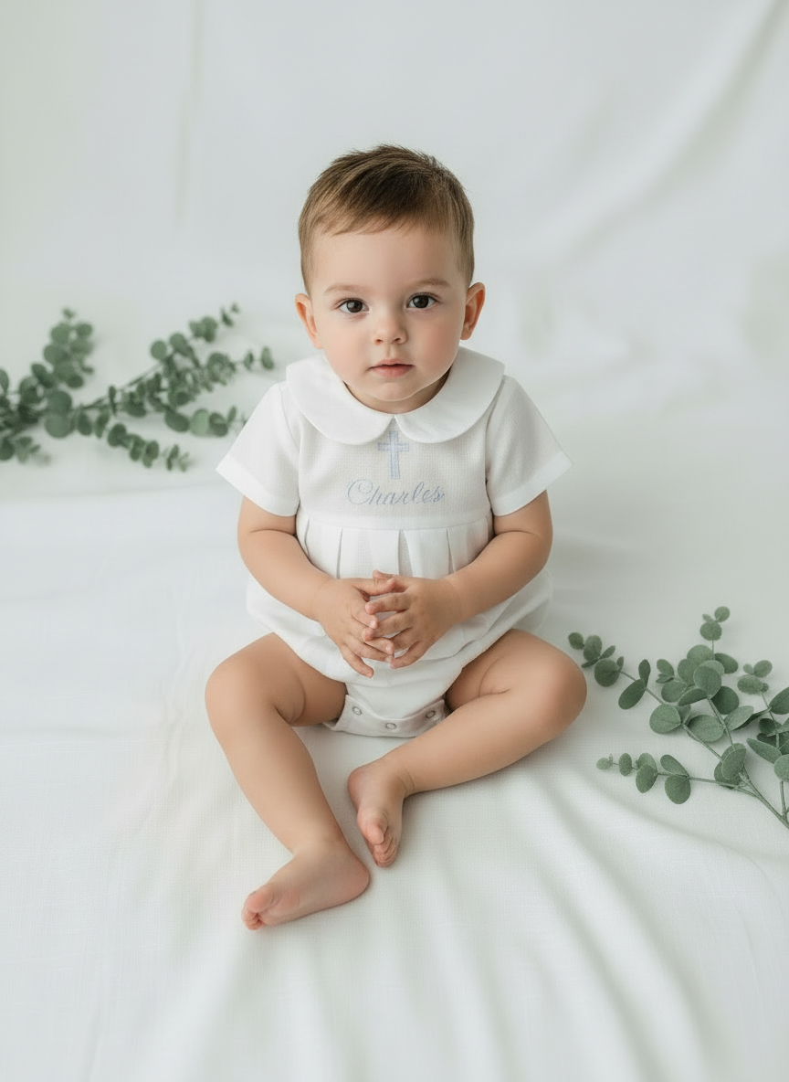 Linen Baptism peter pan collar romper outfit with optional embroidery customisation