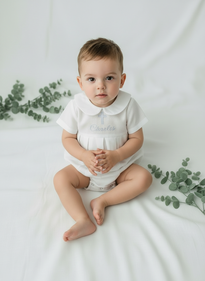 White Linen Unisex Baptism Gown romper with detachable skirt dress and optional embroidery