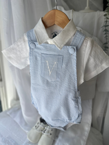 Baby and Toddler boys blue and white linen baptism and birthday romper and shirt set