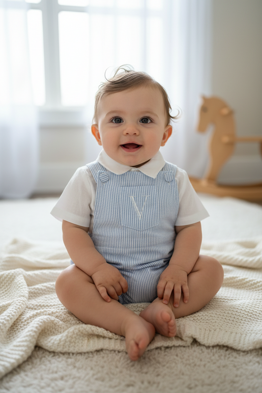Baby and Toddler boys blue and white linen baptism and birthday romper and shirt set