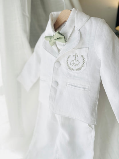 Boys white linen full 5 piece suit with vest, jacket, shirt, pants, suspenders and bow tie plus extras