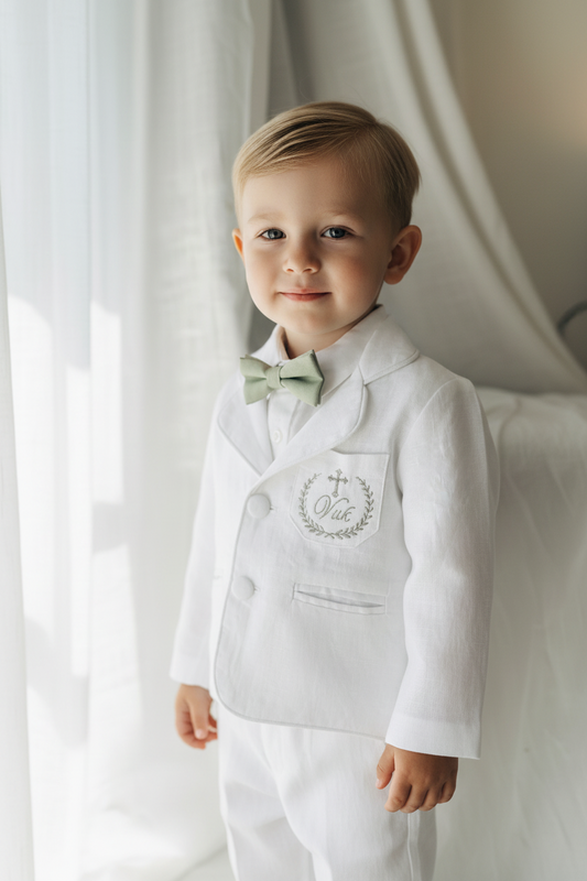 Boys white linen full 5 piece suit with vest, jacket, shirt, pants, suspenders and bow tie plus extras