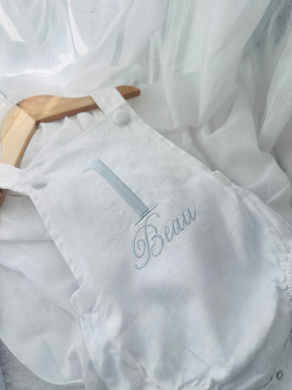 Boys White Linen First Birthday overalls romper one silly goose onederful world oneder the sea teddy car balloons and more