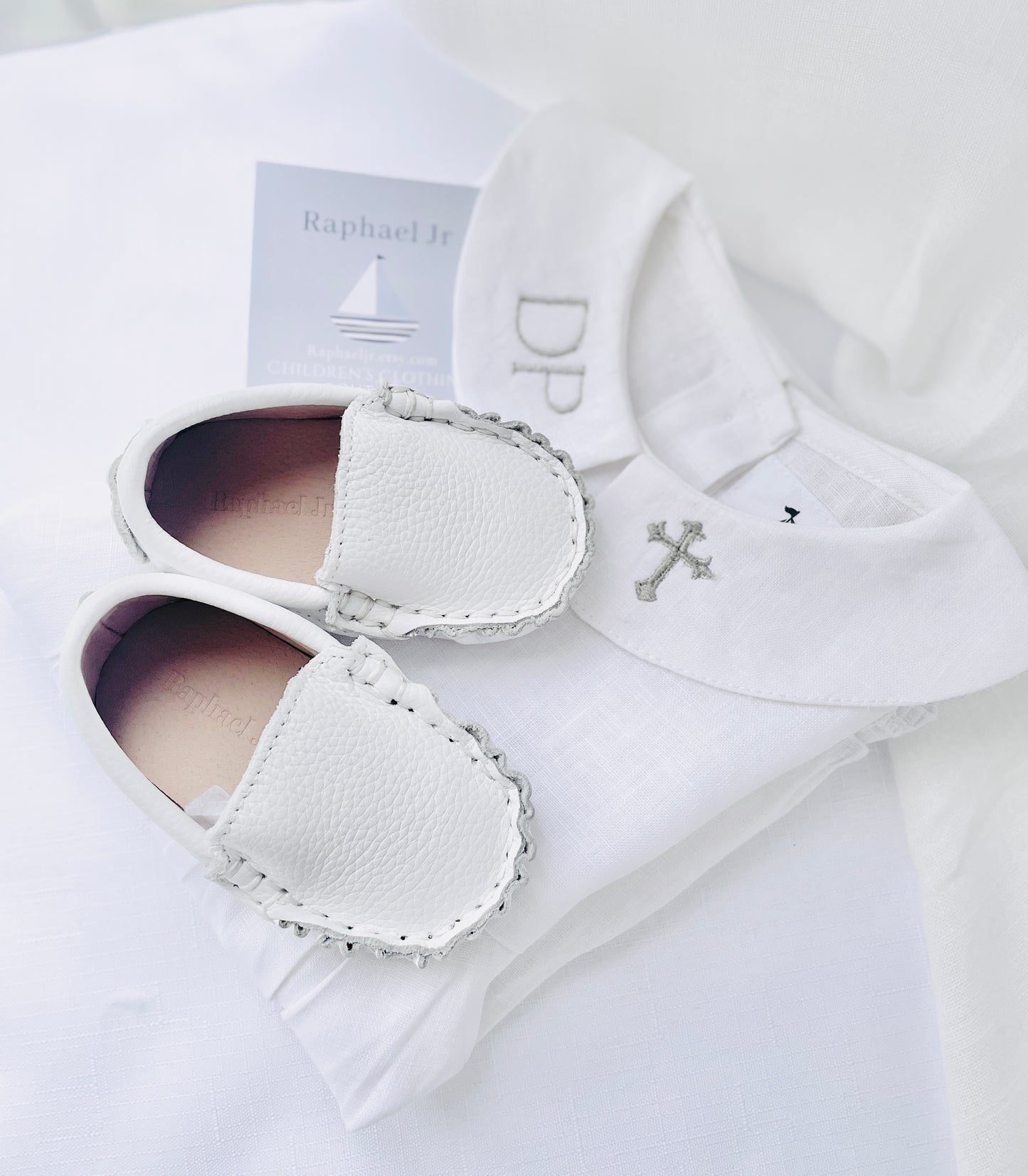 Linen Baptism peter pan collar romper outfit with optional embroidery customisation