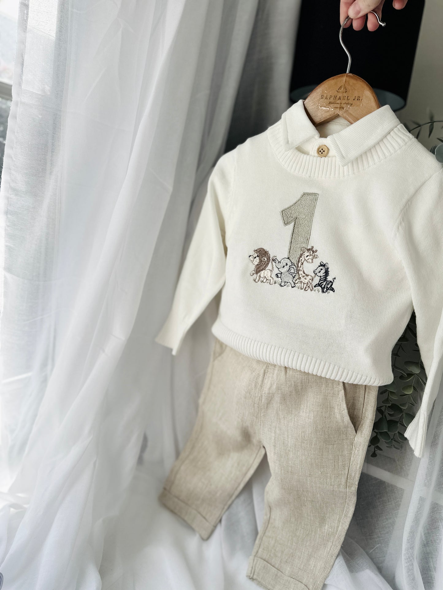 Birthday outfit with cotton onesie and embroidered jumper and linen pants