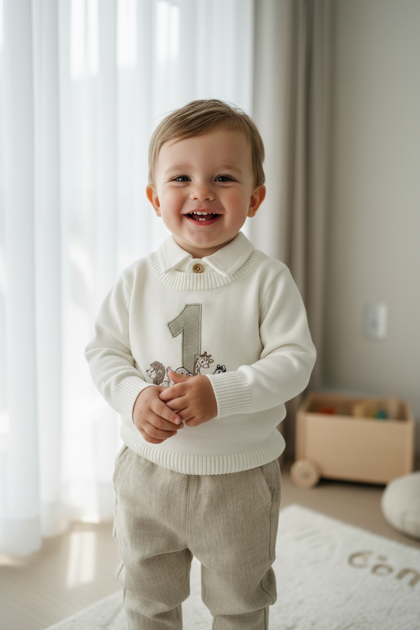 Birthday outfit with cotton onesie and embroidered jumper and linen pants