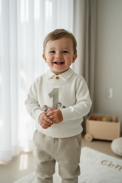 Birthday outfit with cotton onesie and embroidered jumper and linen pants