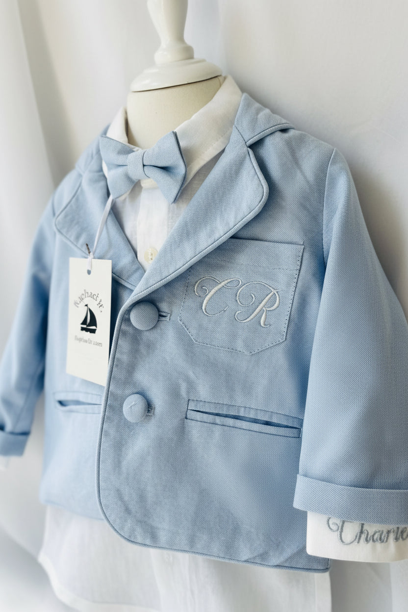 Boys Pale Blue chambray Jacket and White Linen Baptism Outfit