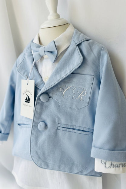 Boys Pale Blue chambray Jacket and White Linen Baptism Outfit