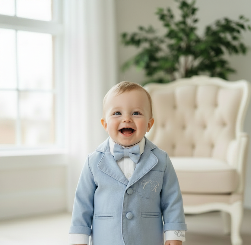 Boys Pale Blue chambray Jacket and White Linen Baptism Outfit