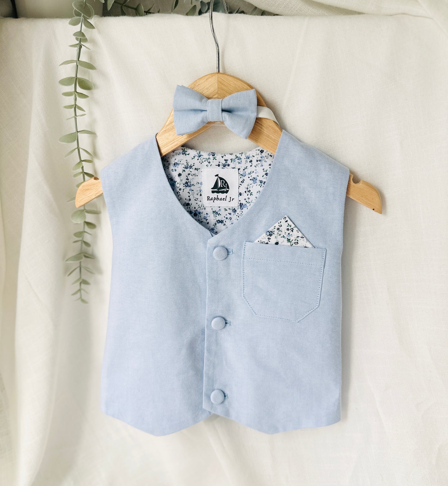 Boys pale blue and white Baptism outfit with blue vest, white linen suspender pants and shirt