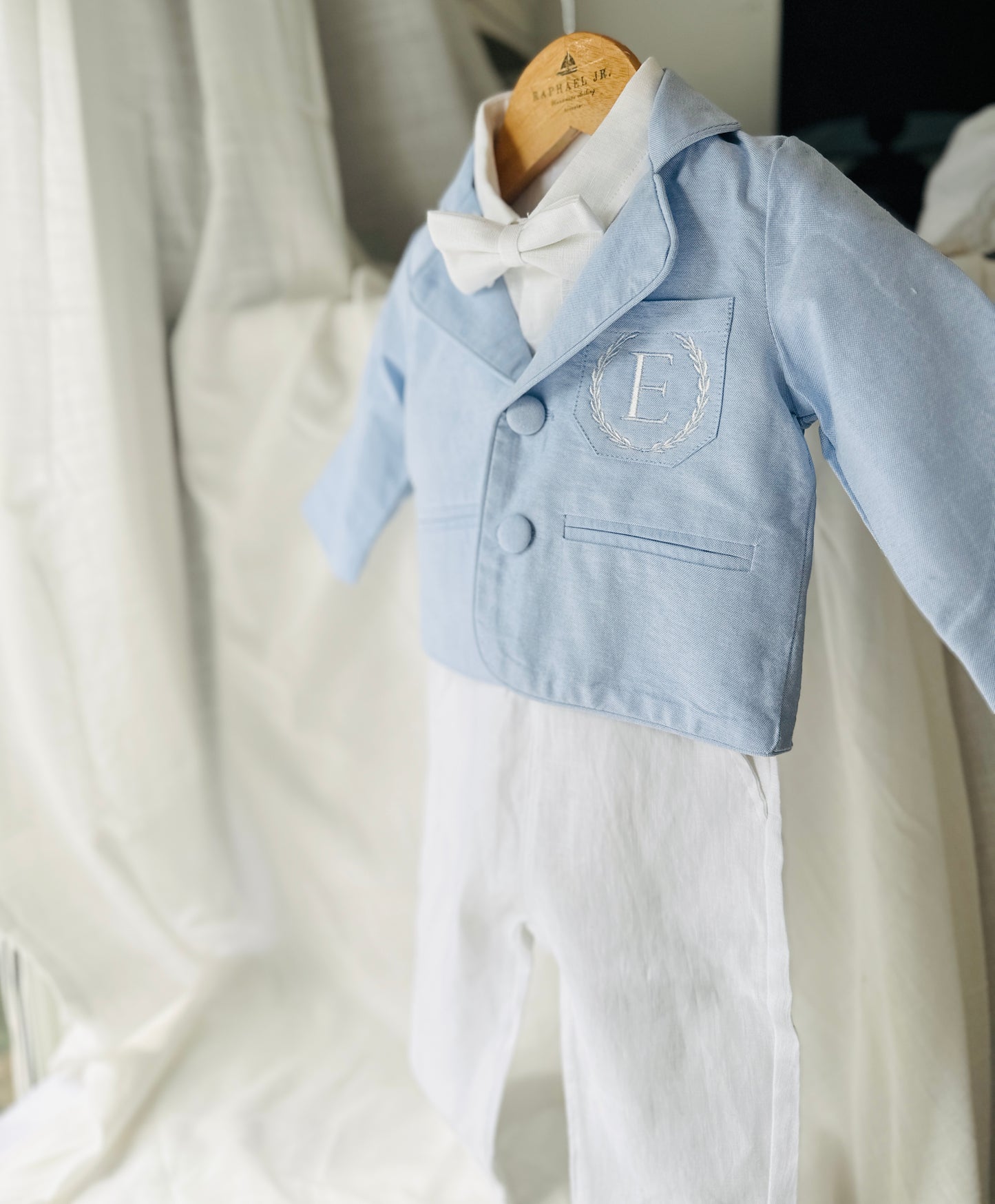 Boys Pale Blue chambray Jacket and White Linen Baptism Outfit