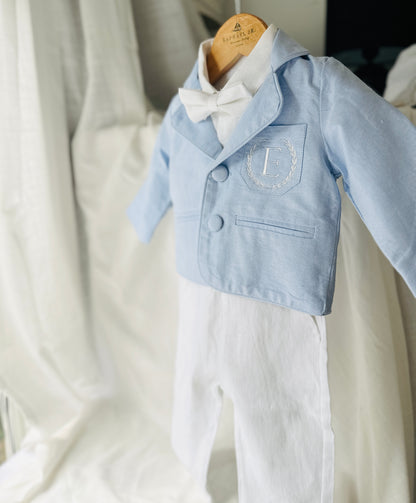 Boys Pale Blue chambray Jacket and White Linen Baptism Outfit