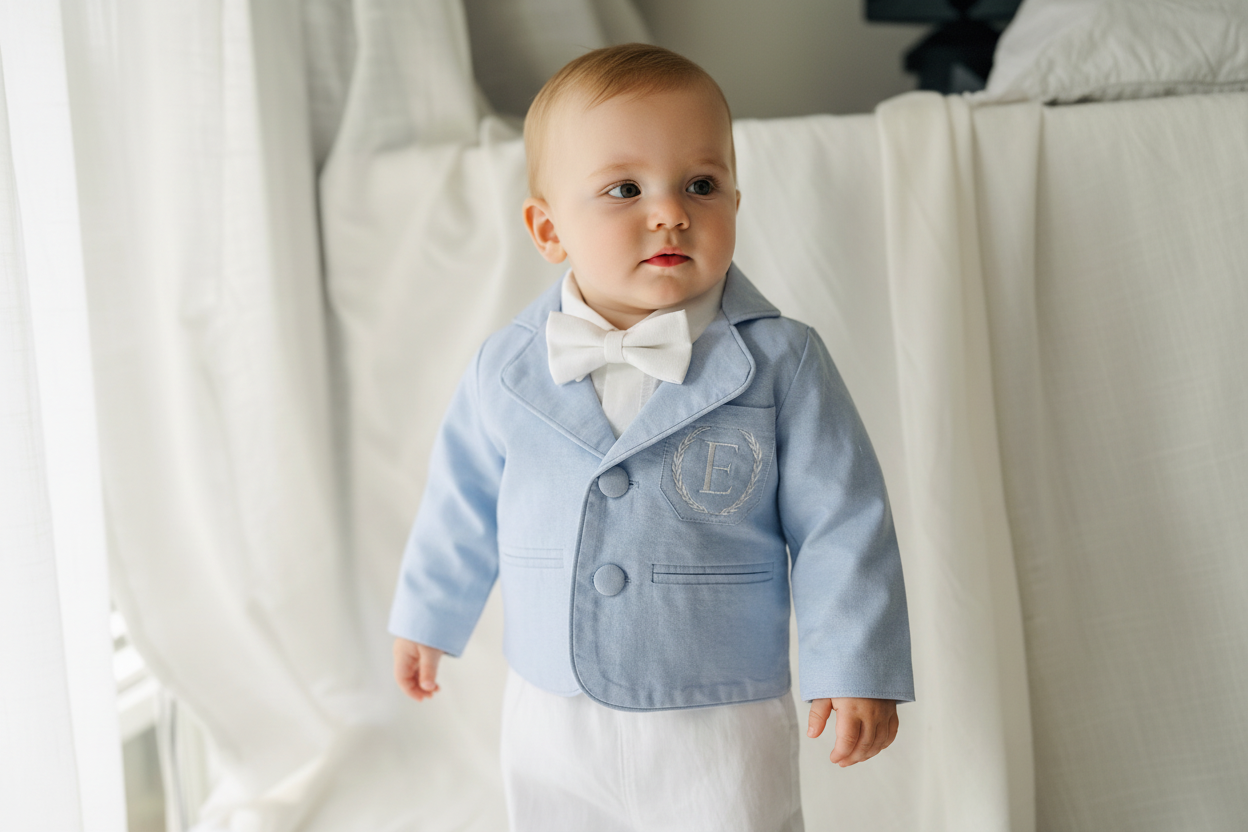 White linen Baptism Suit outfit with optional blue jacket and Accessories