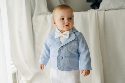 White linen Baptism Suit outfit with optional blue jacket and Accessories