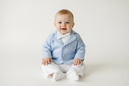 White linen Baptism Suit outfit with optional blue jacket and Accessories