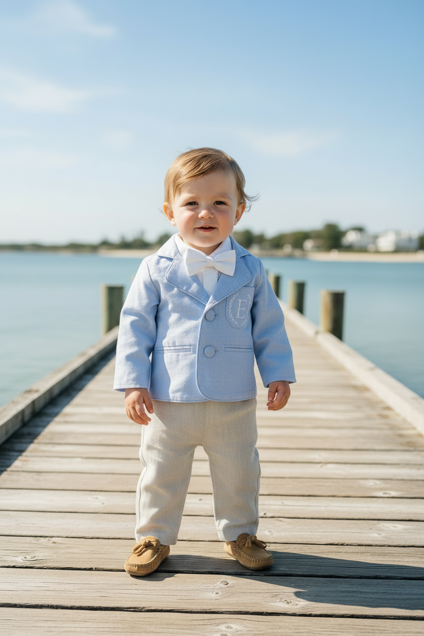 Boys Pale Blue chambray Jacket and beige Linen pants suit