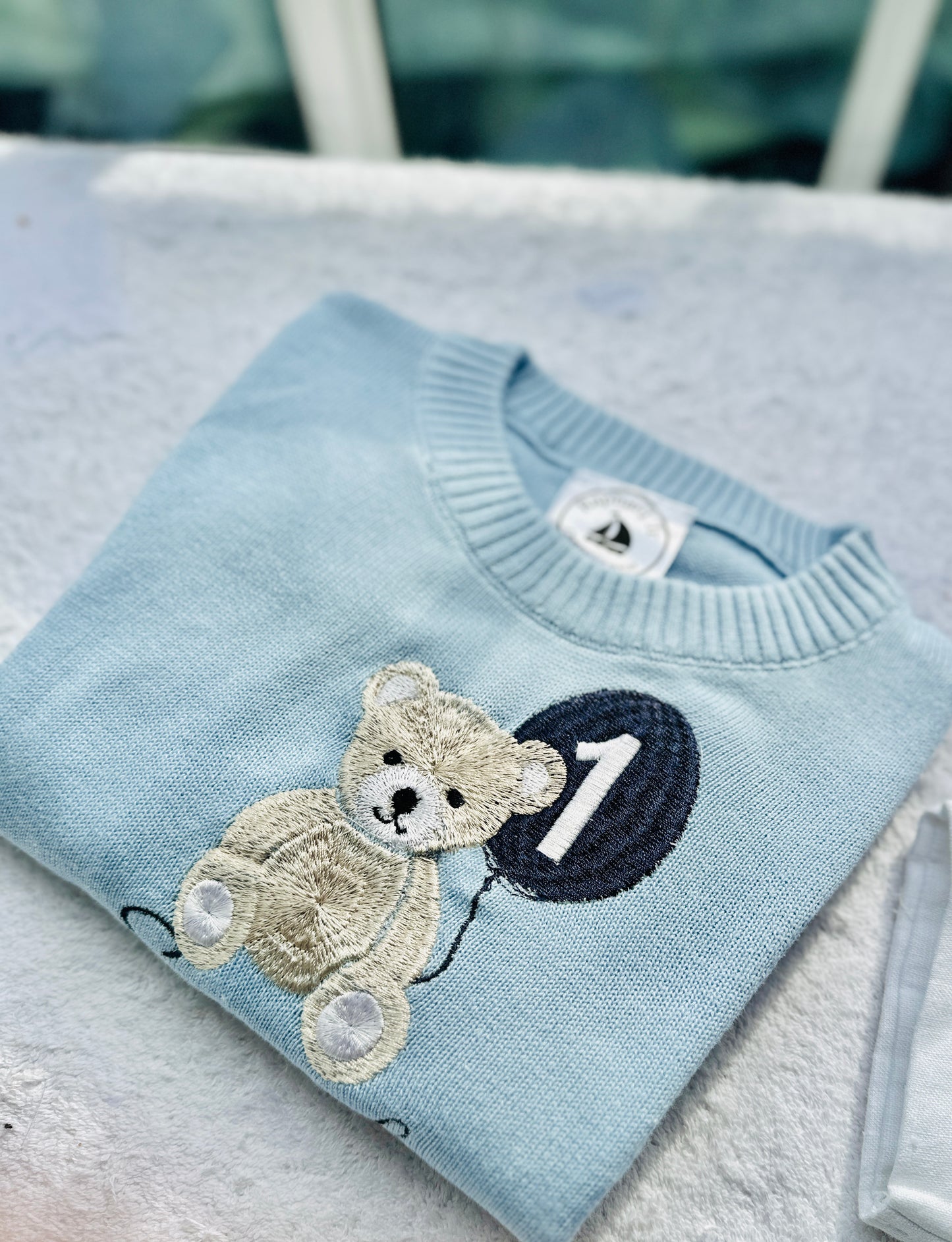 Baby blue cotton sweater with optional embroidery