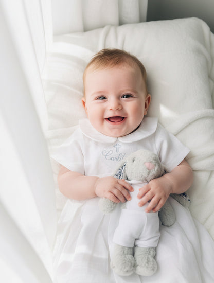 White Linen Unisex Baptism Gown 3/4 length romper with detachable skirt