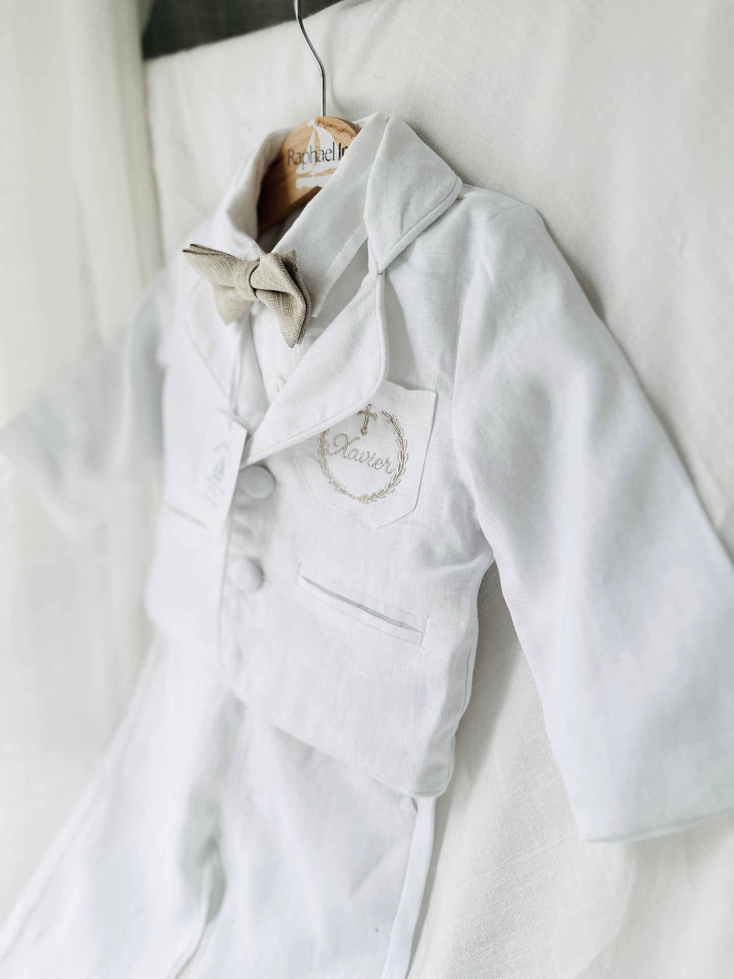 White linen Baptism suit set with pants, shirt, suspenders and bowtie plus optional jacket and extras