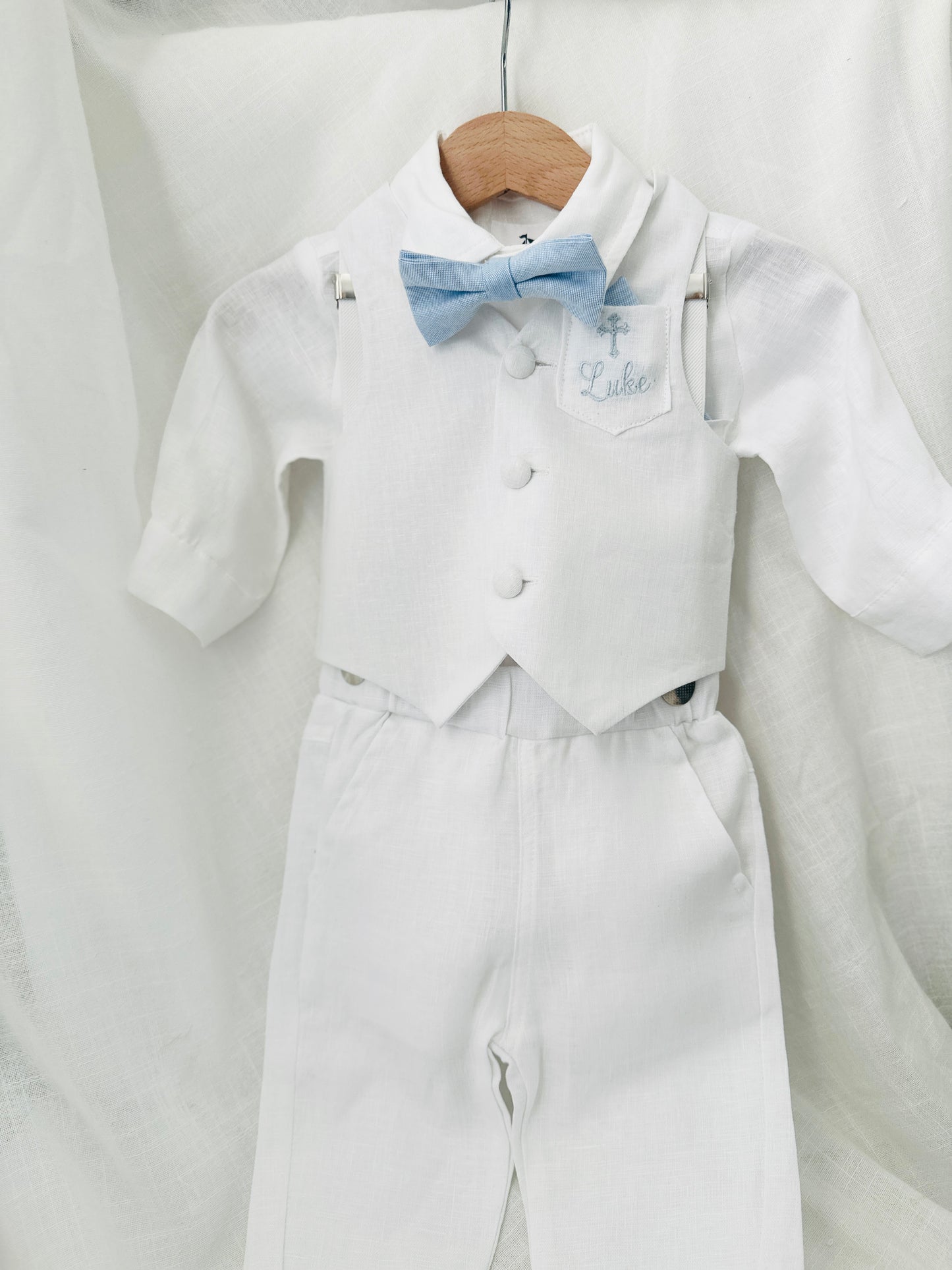 Boys white vest with white linen suit and navy jacket set